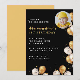 Black 1st birthday invitation Gold Balloon Photo