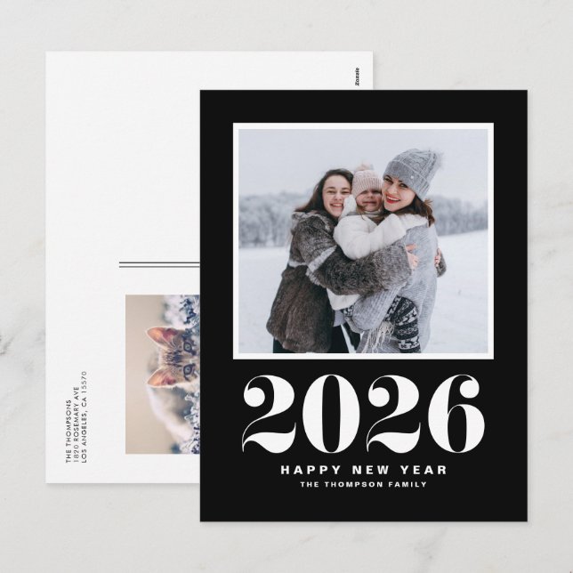 Black 2025 Bold Typography New Year Photo Holiday Postcard (Front/Back)