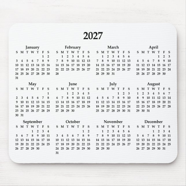 Black 2027 Calendar on White Mouse Pad (Front)