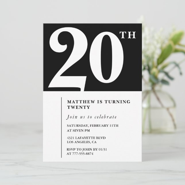 Black 20th birthday invitation Elegant Chic Simple (Standing Front)