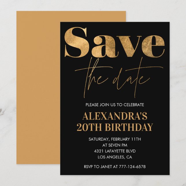 Black 20th birthday invitations Save the date Gold (Front/Back)