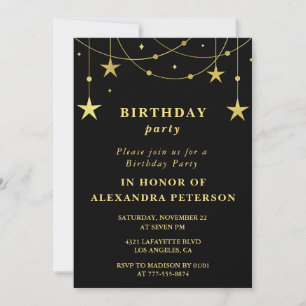Black 20th birthday Party invite Gold Stars