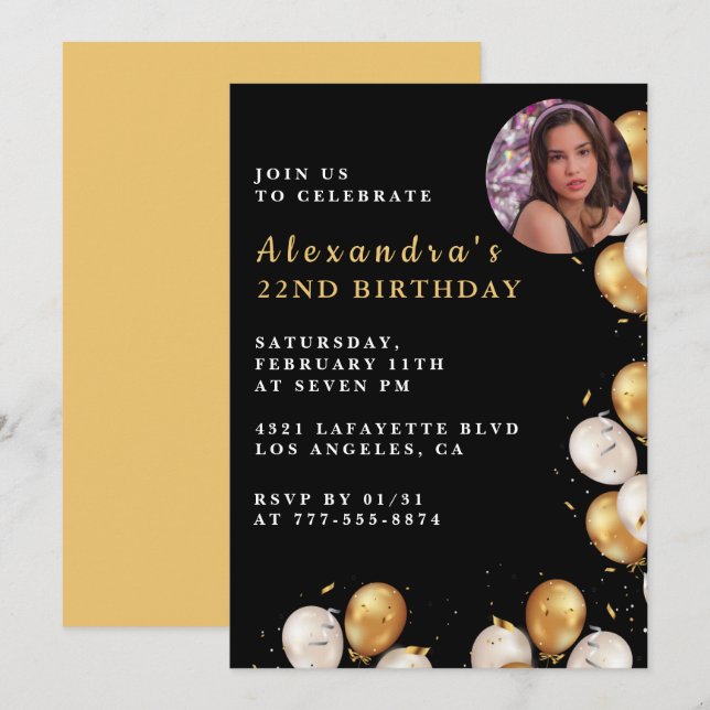 Black 22e anniversaire invitation Gold Balloon Pho (Devant / Derrière)