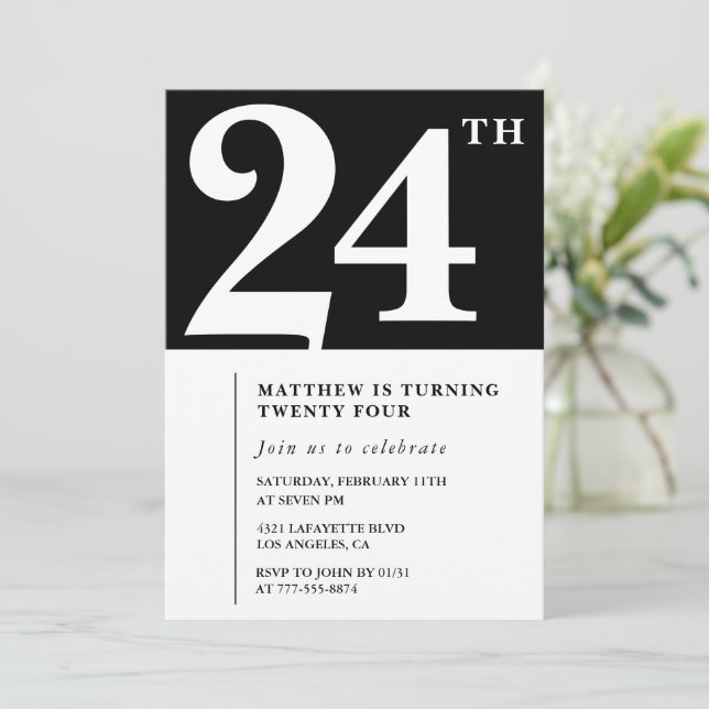 Black 24th birthday invitation Elegant Chic Simple (Standing Front)