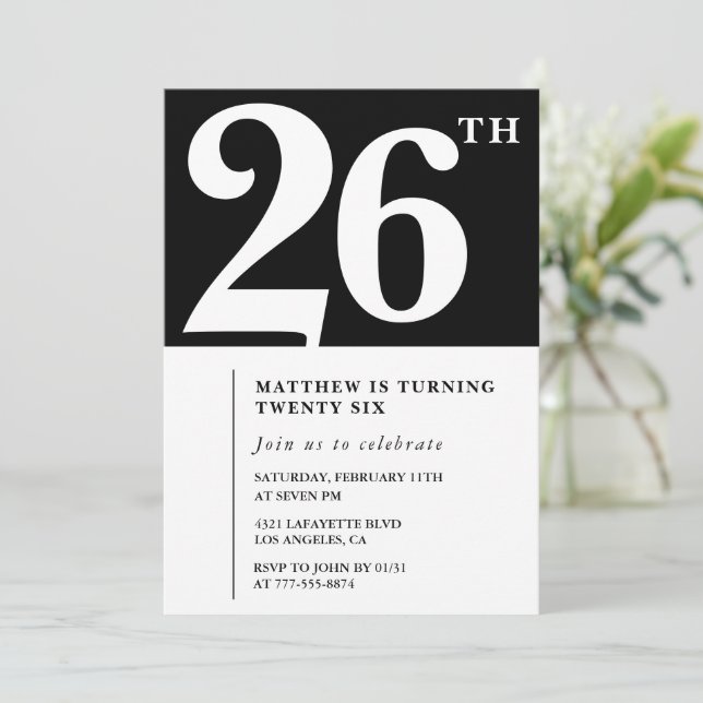 Black 26th birthday invitation Elegant Chic Simple (Standing Front)