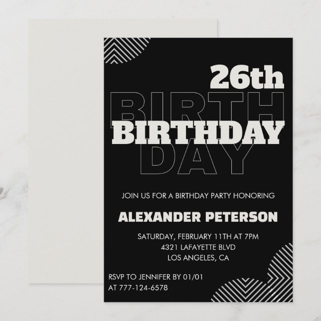 Black 26th birthday invitations Men Party (Front/Back)