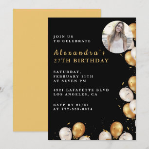 Black 27th birthday invitation Gold Balloon Photo 