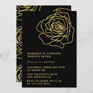 Black 27th birthday invitations Gold Floral