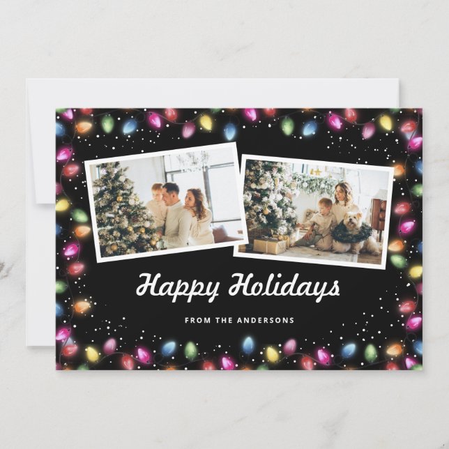Black 2 Photo Colorful Christmas Lights Holiday Card (Front)