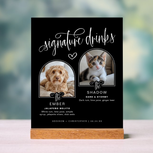 Black 2 Photo Pet Wedding Signature Drinks Acrylic Sign (Neutral)