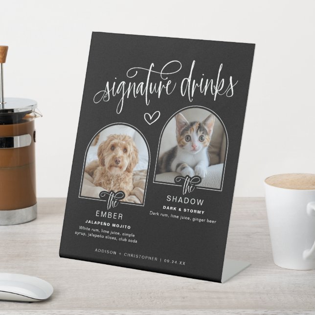 Black 2 Photo Pet Wedding Signature Drinks Pedestal Sign (In SItu)
