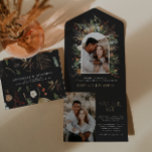 Black 2 photo watercolor botanical save the date all in one invitation<br><div class="desc">Merry Christmas modern elegant watercolor dried botanical floral moody classy black muted colours holiday arch 2 photo all in one Christmas save there date announcement card.</div>