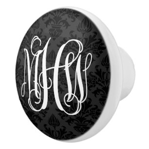 Black 2 Tone Damask #3 Vine Script Monogram Ceramic Knob