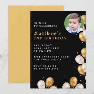 Black 2nd birthday invitation Gold Balloon Photo 
