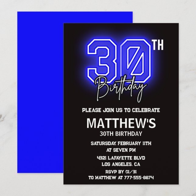 Black 30th birthday invitations Men Sport Neon (Front/Back)