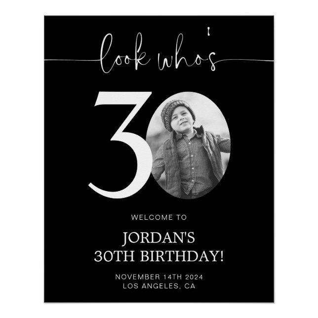 Black 30th Birthday Welcome Sign | Look Who's 30 (Front)