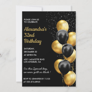 Black 32nd birthday invitations Gold Glitter Glam