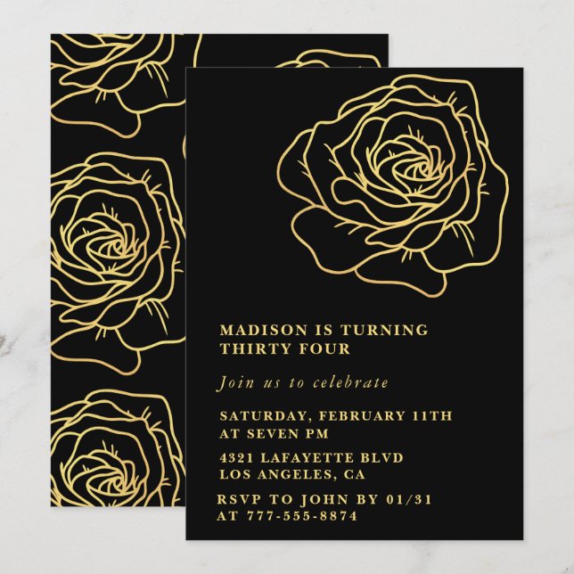 Black 34th birthday invitations Gold Floral (Front/Back)