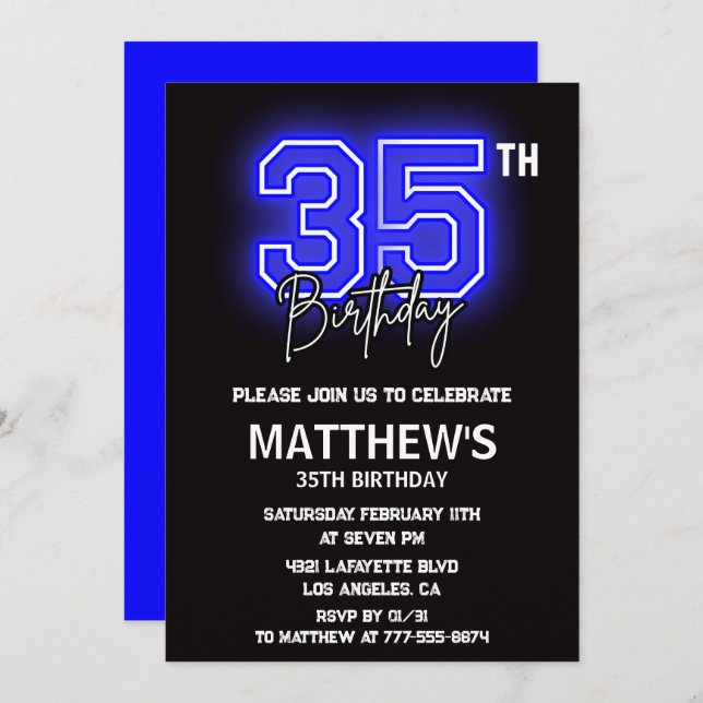 Black 35th birthday invitations Men Sport Neon (Front/Back)