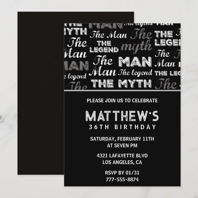 Black 36e anniversaire invitation pour lui Myth Le (Devant / Derrière)