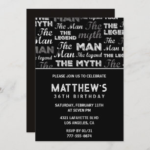 Black 36th birthday invitation for him Myth Legend