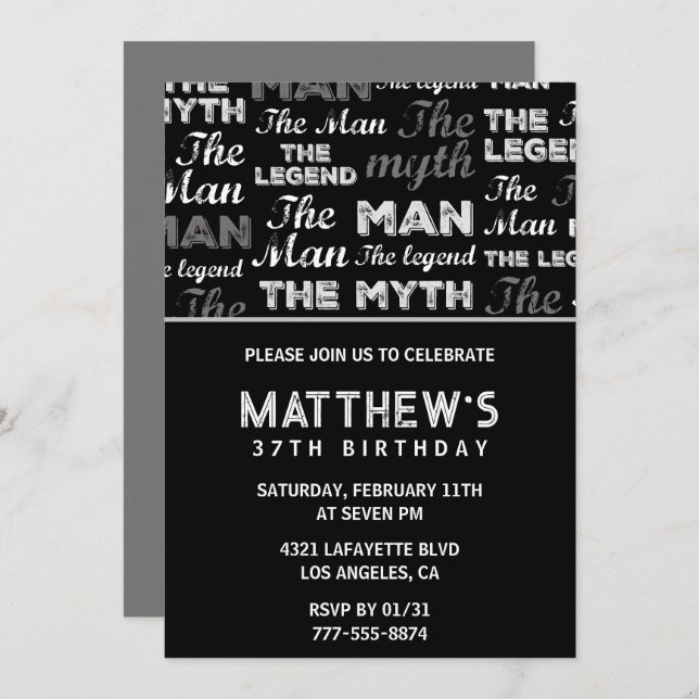 Black 37e anniversaire invitation pour lui Myth Le (Devant / Derrière)