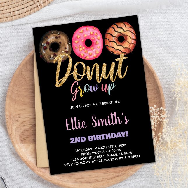 Black 3 Doughnut Birthday Invitations (Black 3 Donut Birthday Invitations)
