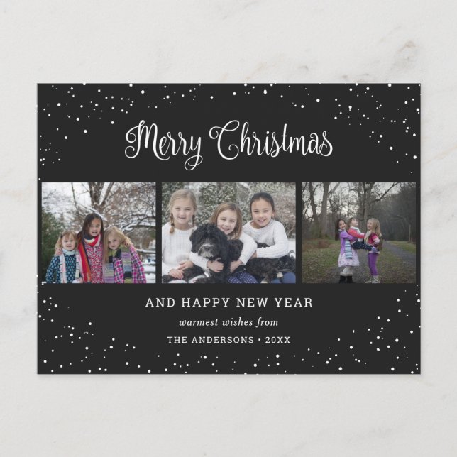 Black 3 Photo Collage Calligraphy Holiday Postcard (Front)
