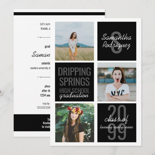 Black 3-Photo Fun Boxes Graduation Invitation (Front/Back)
