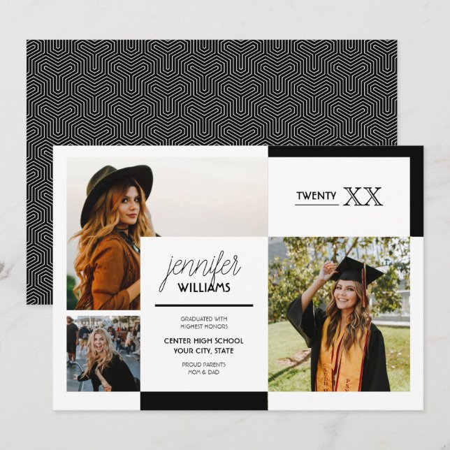 Black 3 Photo Graduation Announcement (Front/Back)