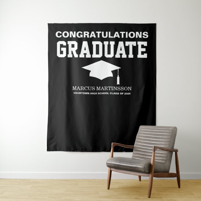 Black 3 Photo Graduation Announcement Backdrop Tapestry (In Situ)