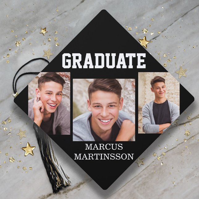  Black 3 Photo Graduation  Cap Topper (Black and white graduation 3-photo cap topper)