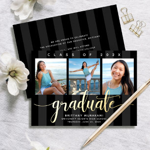 Black 3 photo graduation modern script real gold