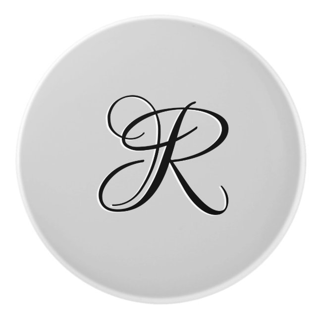 Black 3D Calligraphy Initial Letter | Pastel Grey Ceramic Knob (Front)