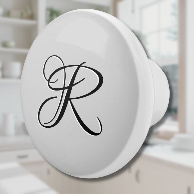 Black 3D Calligraphy Initial Letter | Pastel Grey Ceramic Knob (Creator Uploaded)