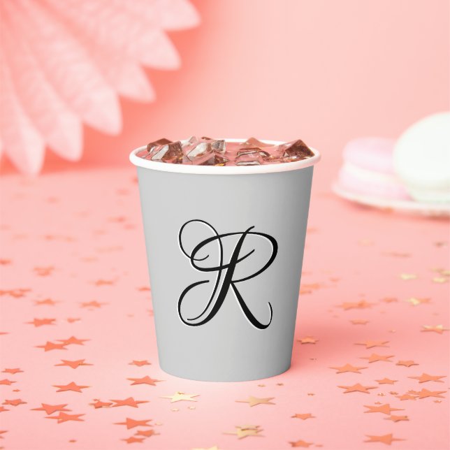 Black 3D Calligraphy Initial Letter | Pastel Grey Paper Cups (Insitu)