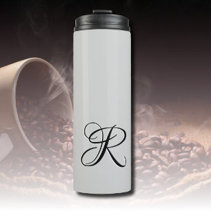Black 3D Calligraphy Initial Letter   Pastel Grey Thermal Tumbler