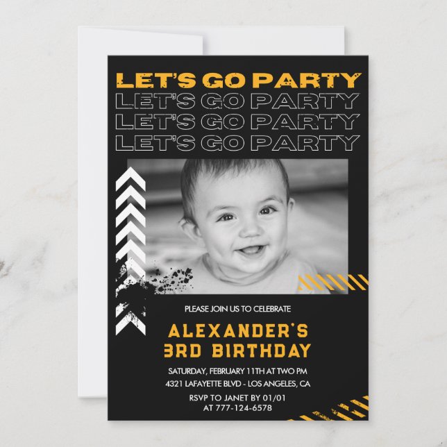 Black 3rd birthday invitations Boy Photo Spray (Front)