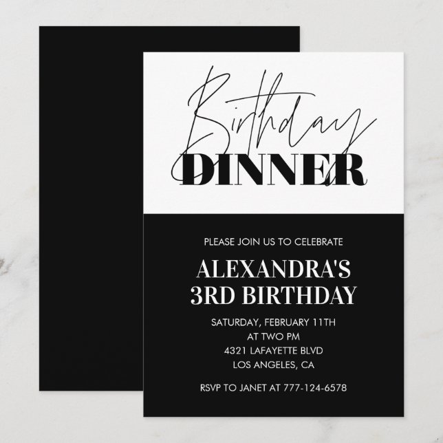 Black 3rd birthday invitations Dinner White (Front/Back)