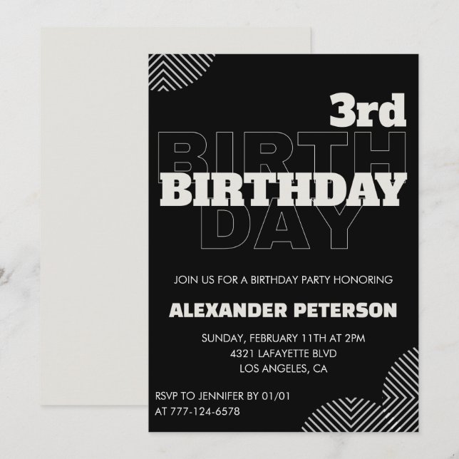 Black 3rd birthday invitations Party Boy (Front/Back)