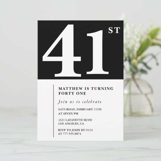 Black 41st birthday invitation Elegant Chic Simple (Standing Front)