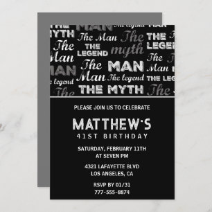 Black 41st birthday invitation for him Myth Legend