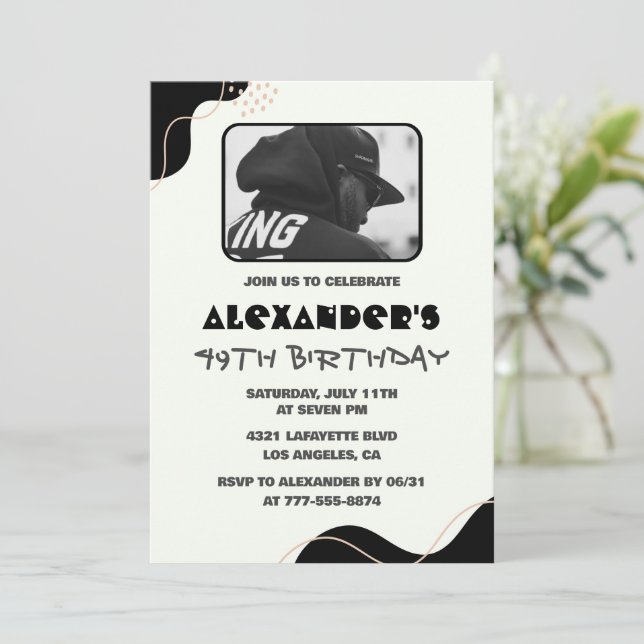 Black 49th birthday invitations Men Simple Photo (Standing Front)