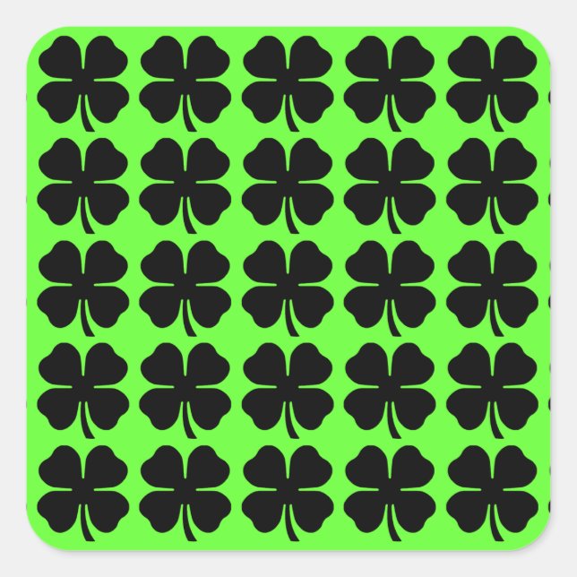 Black 4 Leaf Clovers on Green Square Sticker (Front)