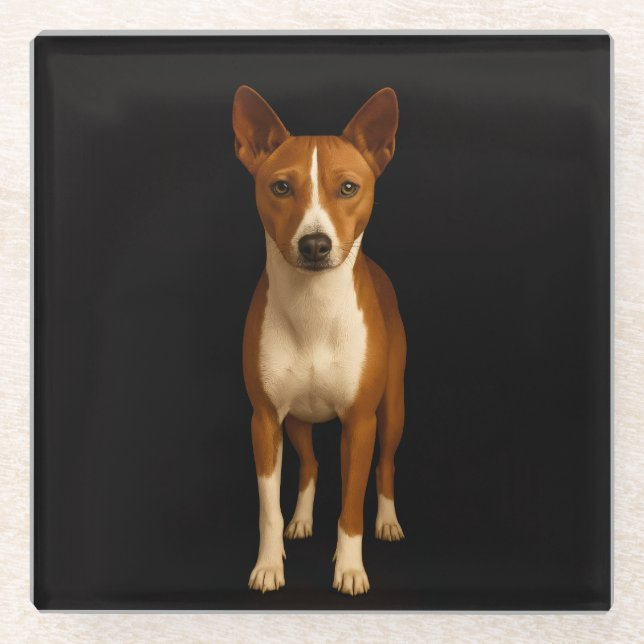 Black 4 Luxe Glass coaster, Classy Basenji Dog Glass Coaster (Front)