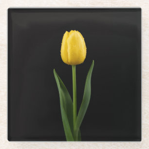 Black 4 Luxe Glass coaster, Golden Yellow Tulip Glass Coaster