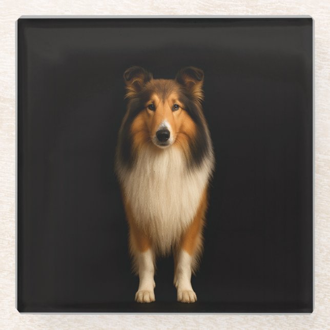 Black 4 Luxe Glass coaster, Loyal Collie Dog Glass Coaster (Front)