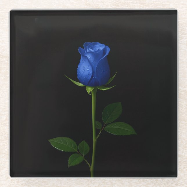 Black 4 Luxe Glass coaster, Midnight Blue Rose Coaster (Front)
