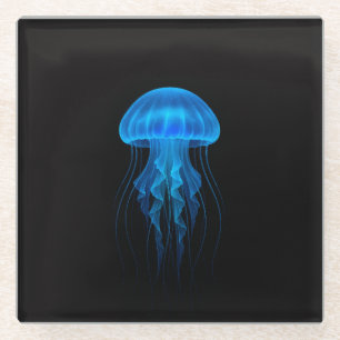 Black 4 Luxe Glass coaster, Neon Blue Jellyfish Coaster
