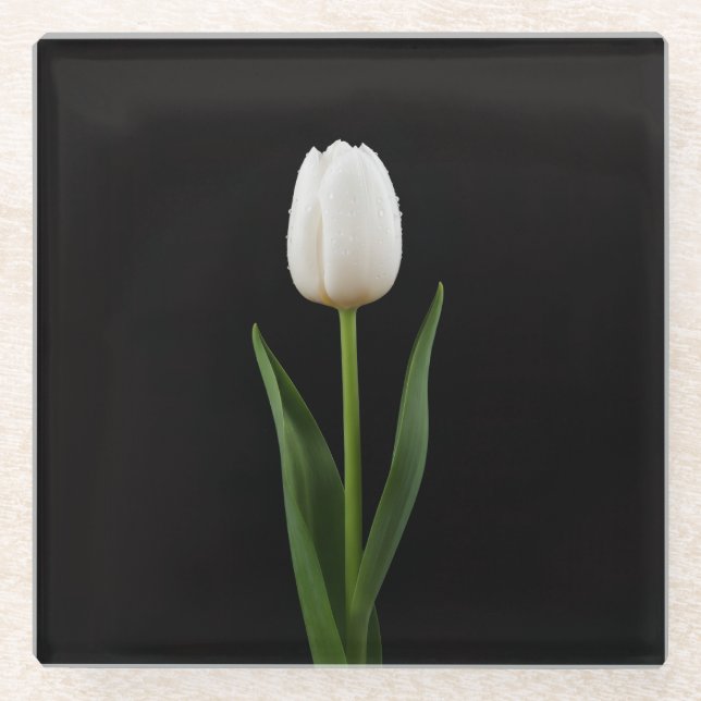 Black 4 Luxe Glass coaster, Pearl White Tulip Glass Coaster (Front)